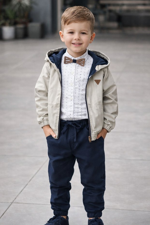 Boy's Hooded Premium Suit with Jacket, Bow Tie Shirt and Trousers, 3 Pieces