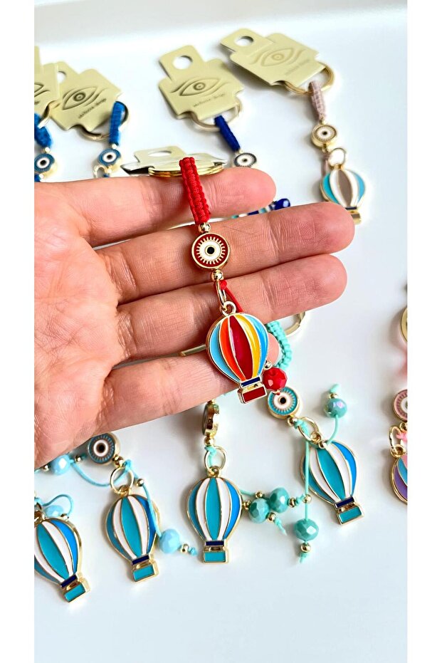 Red Colored Balloon Patterned Evil Eye Beaded Keychain - 3