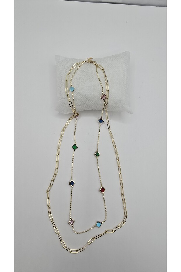 Stainless Steel Multi Color Zircon Stone Gold Color 2-Piece Ring Necklace