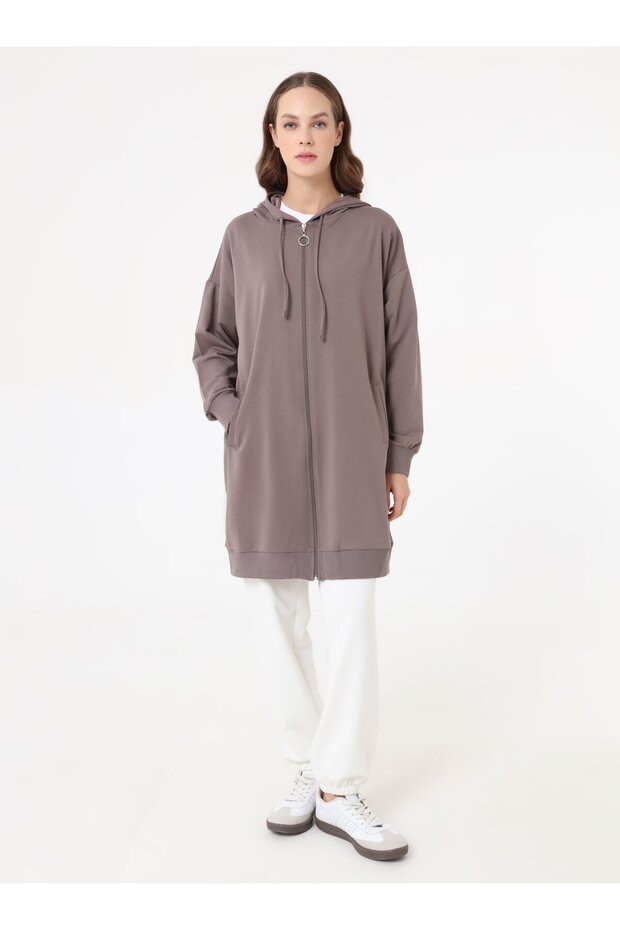 Basic Fermuarlı Kapüşonlu Sweatshirt - Vizon Kahve - - 1