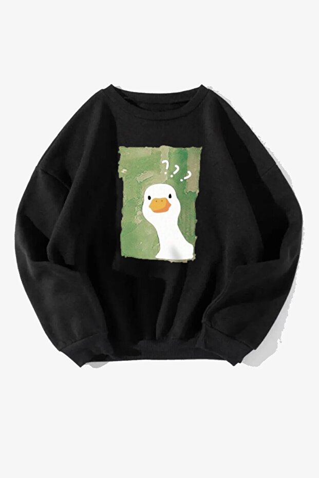 Unisex Duck Printed Crew Neck Black Sweatshirt