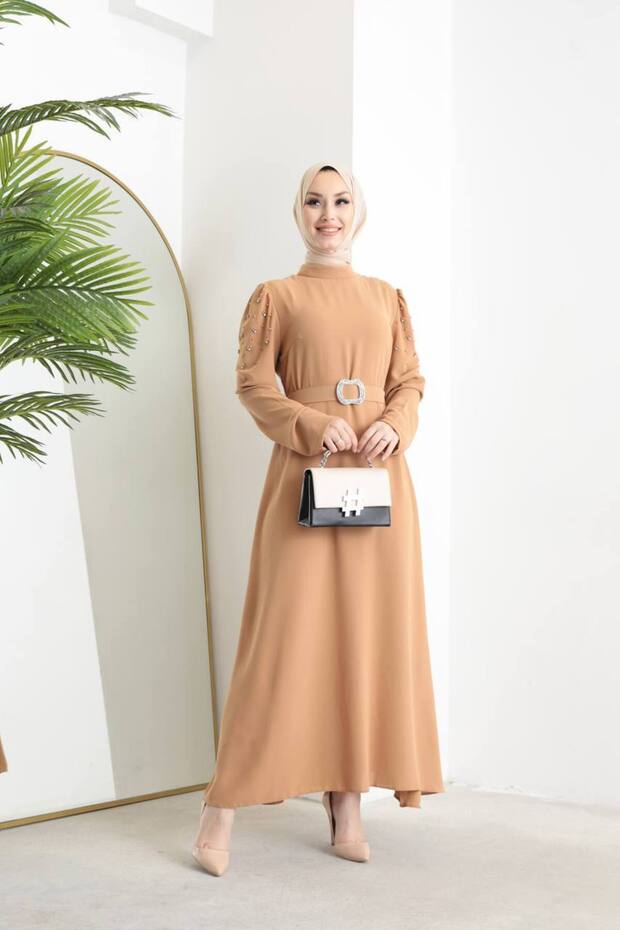 Pearl Detailed Belted Hijab Full Length Dress Mink