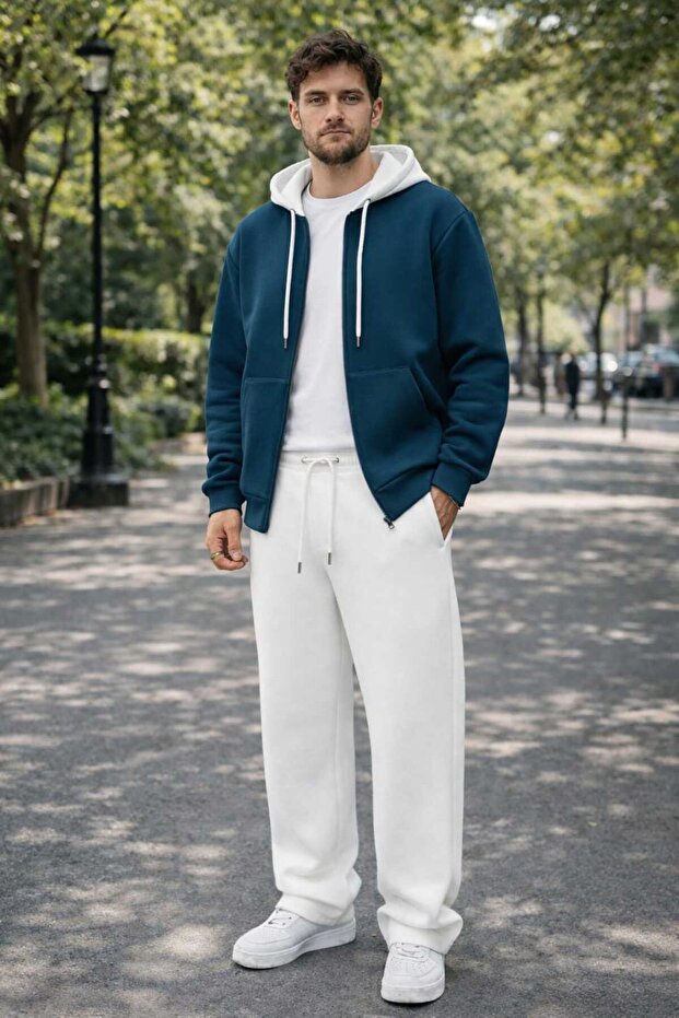 Segmented Color Hooded Zippered Cardigan Tracksuit Set