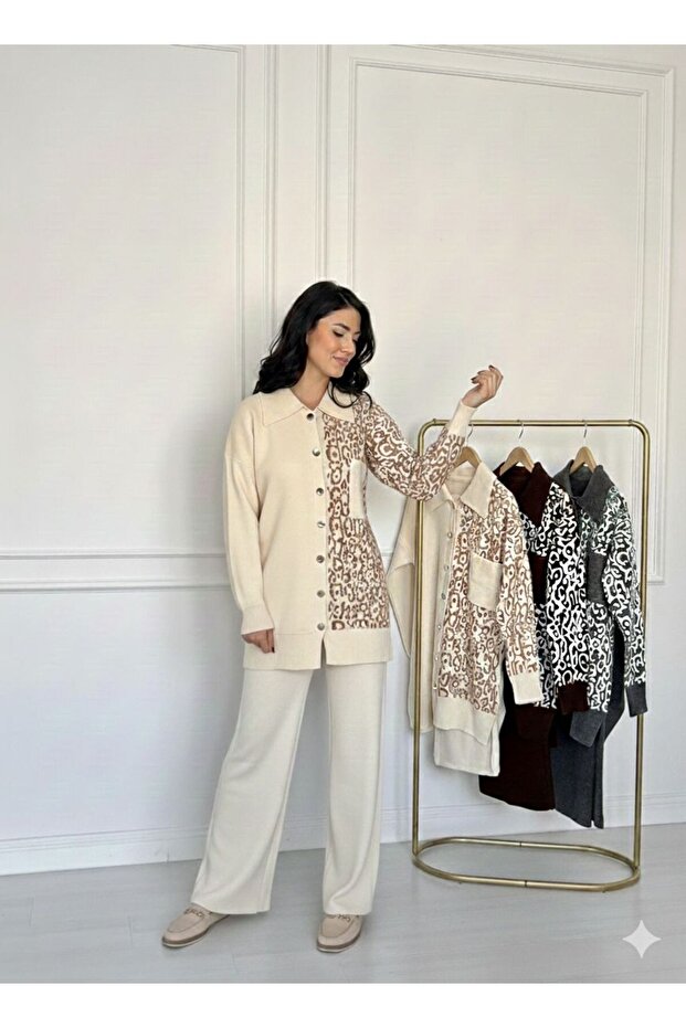 Women's Buttoned Leopard Print Wide Leg Soft Textured Beige Knitwear Set