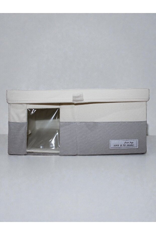 Fabric Storage Box with Lid & Rope Handle – Foldable Organizer Basket (Grey & White)