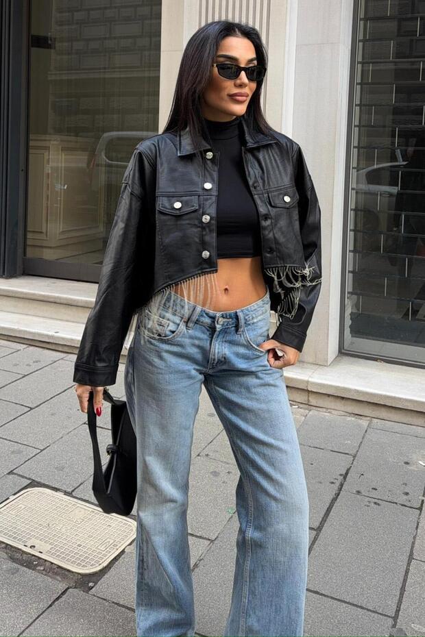 Black Stone Dangling Leather Cropped Jacket 7078 R8-C-K3