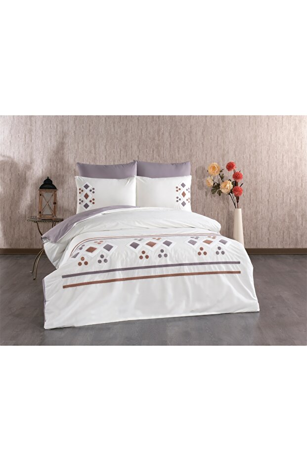 6 Piece Puff Embroidered Double Duvet Cover Set and Dowry Set Boxed 100% Cotton