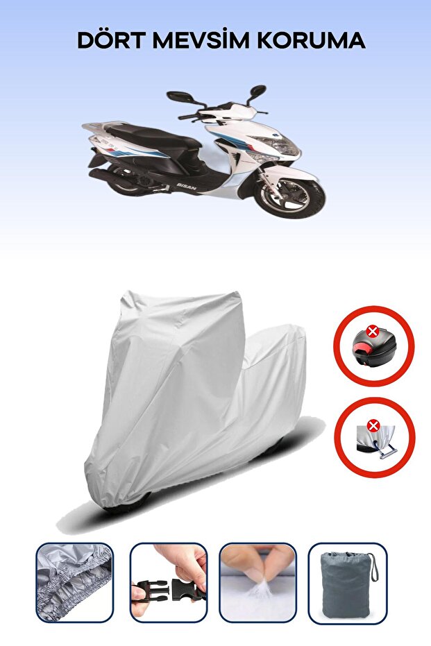 Gray Rear Bag Lock Incompatible Bisan Nysa 150 Compatible Motorcycle Tarpaulin, 4 Seasons