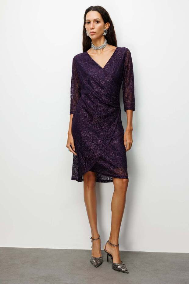 Dantelli Taş İşlemeli Midi Elbise - 1