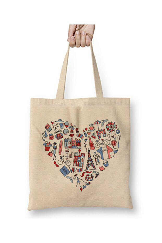 Paris France Gift White Cloth Bag Long Handle Shopping Bag Beach Bag