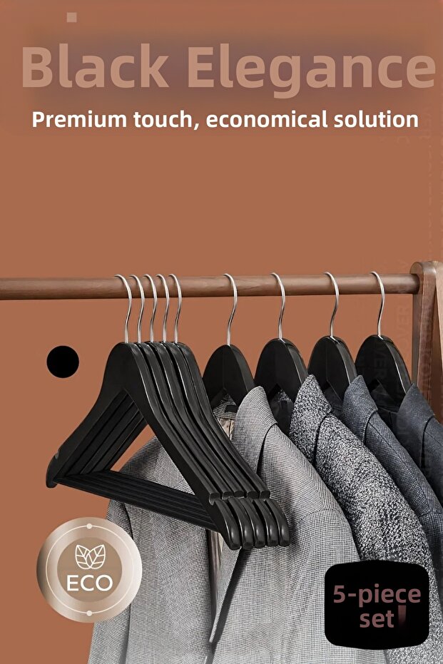 5-Piece Luxury Black Clothes Coat Hangers - Ergonomic & Non-Slip Plastic Hanger Set - Wood Look