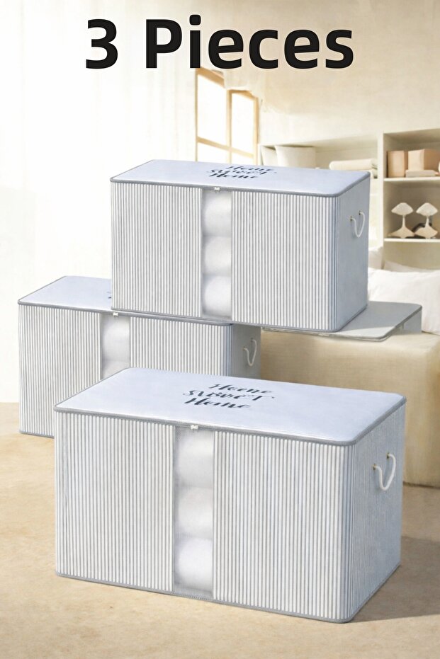 3 Pieces Home Sweet Home Striped Under-Bed Storage Box Large Pillow Quilt Sweater Storage Box 41X64X35Cm D117