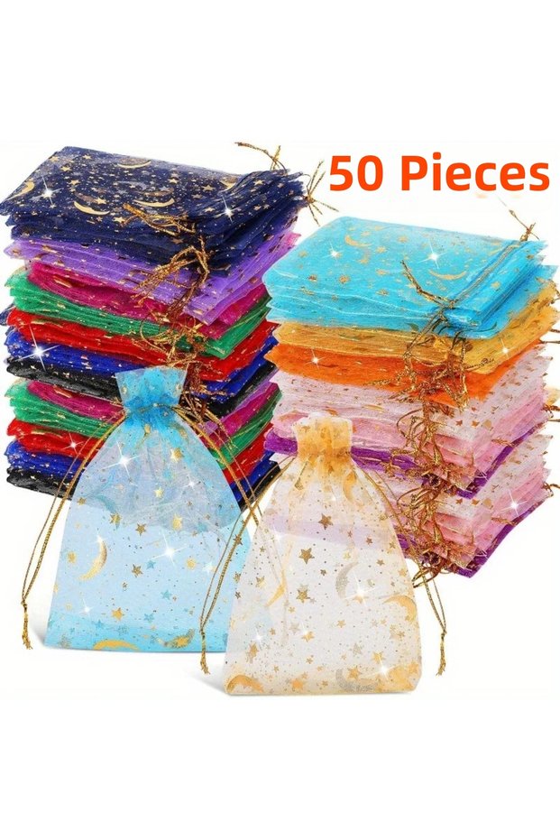 9x12cm-3.5x4.7in Multicolor-50PCS 50PCS Moon Stars Drawstring Organza Bags Jewelry Gift Bags Pouches