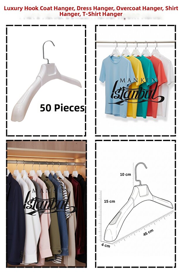 50 Pieces Special with Hook - White 45 cm Abs Plastic Coat Hanger Overcoat Hanger Clothes Hanger – Stylish Design