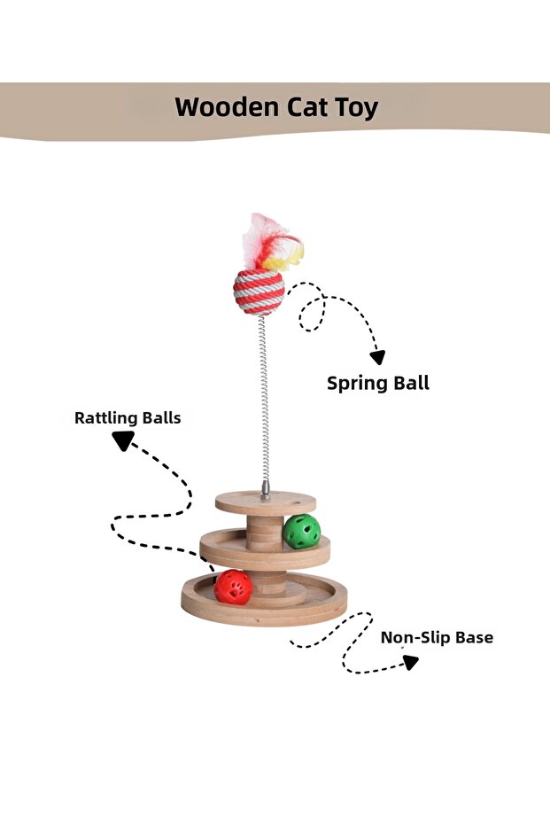 Wood - Cat Toy - Multi-Purpose Use (Contains Rattle and Spring Ball)