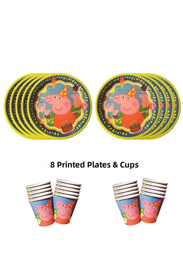 Peppa Pig Theme Compatible Printed 8-Person Plate, Cup Set