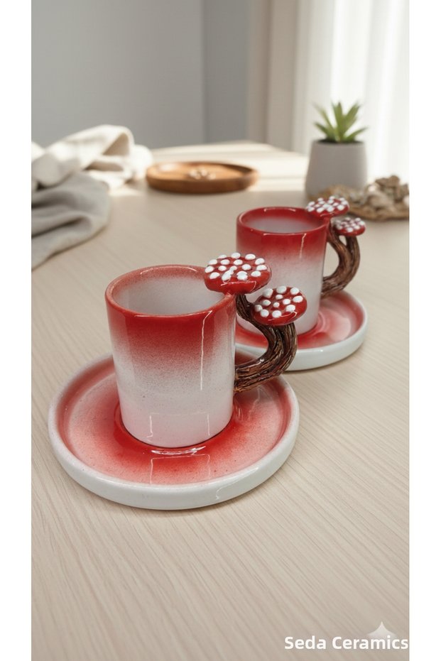 Handmade Dila Design Mushroom Handle 4-Piece Ceramic Coffee Cup Set for 2 People 100 Ml.