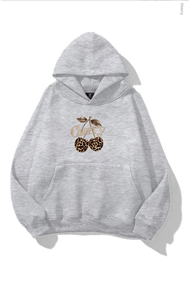 Women's Winter Leopard Cherry Printed Hooded Kangaroo Pocket Regular Sweatshirt