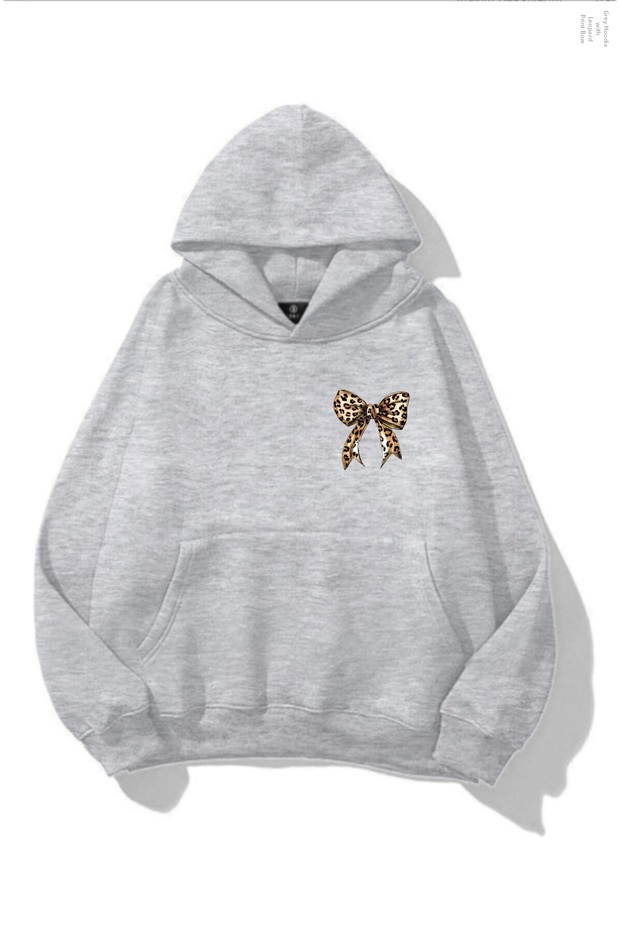 Women's Winter Minimal Leopard Bow Printed Hooded Regular Sweatshirt with Kangaroo Pocket