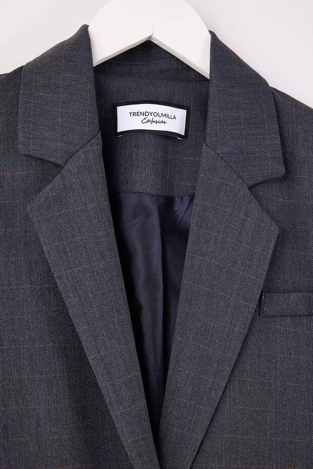 EXCLUSIVE Özel Koleksiyon Lacivert Cep Detaylı Ekoseli Oversize Blazer Ceket TWOAW26BC00048 - 2