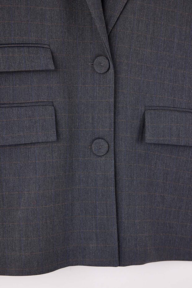 EXCLUSIVE Özel Koleksiyon Lacivert Cep Detaylı Ekoseli Oversize Blazer Ceket TWOAW26BC00048 - 3