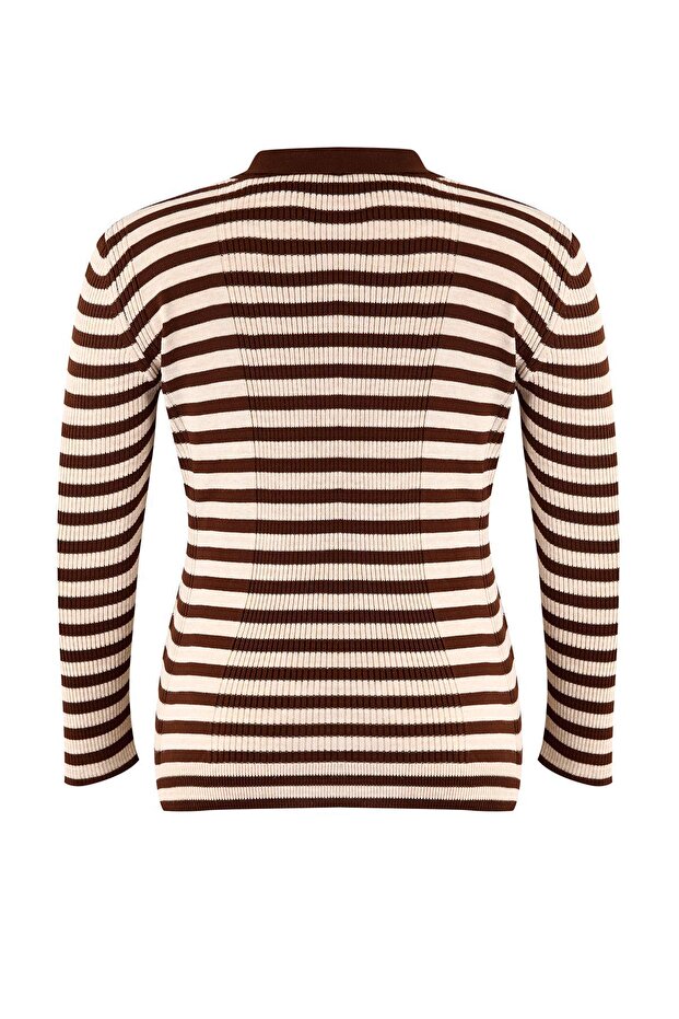 Kahverengi Polo Yaka Basic Çizgili Fitted/Vücudu Saran Triko Kazak TBBAW26AN00064 - 8
