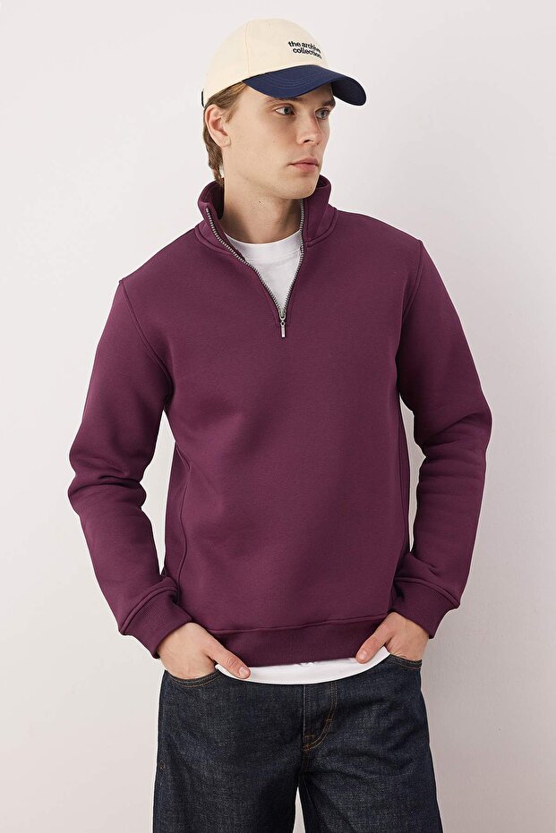 Mürdüm Regular/Normal Kesim Dik Yaka Fermuarlı Sıcak Tutan Basic Sweatshirt TMNAW24SW00041 - 1