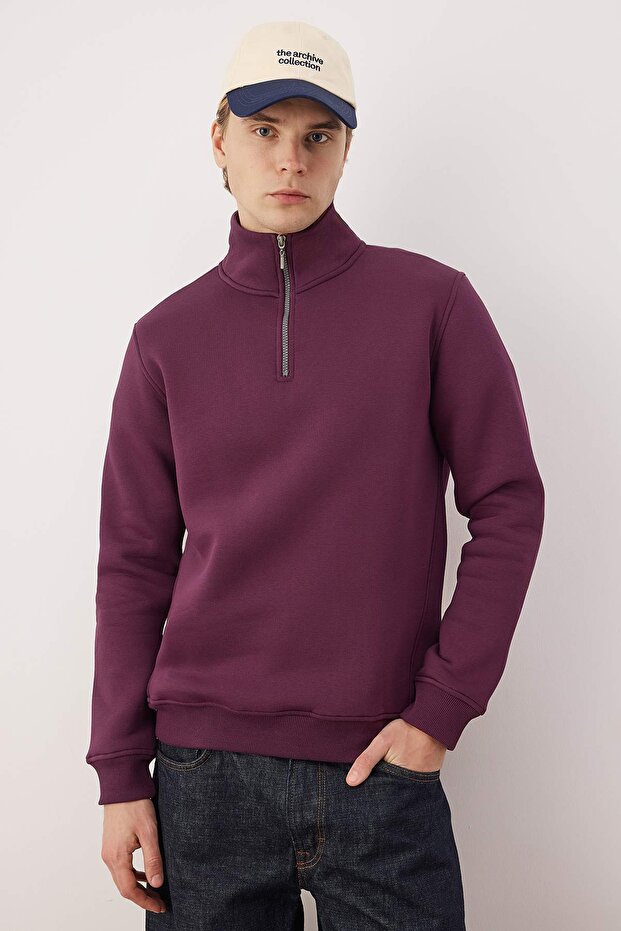 Mürdüm Regular/Normal Kesim Dik Yaka Fermuarlı Sıcak Tutan Basic Sweatshirt TMNAW24SW00041 - 2