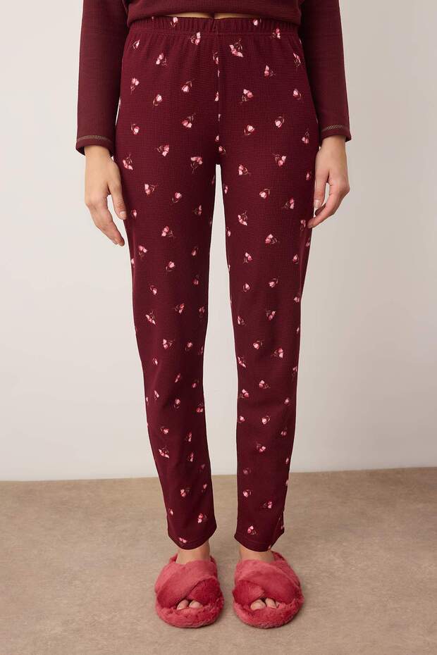 Bordo Kurdele/Fiyonklu Yumuşak Kışlık Waffle Örme Pijama Takımı THMAW26PT00187 - 4