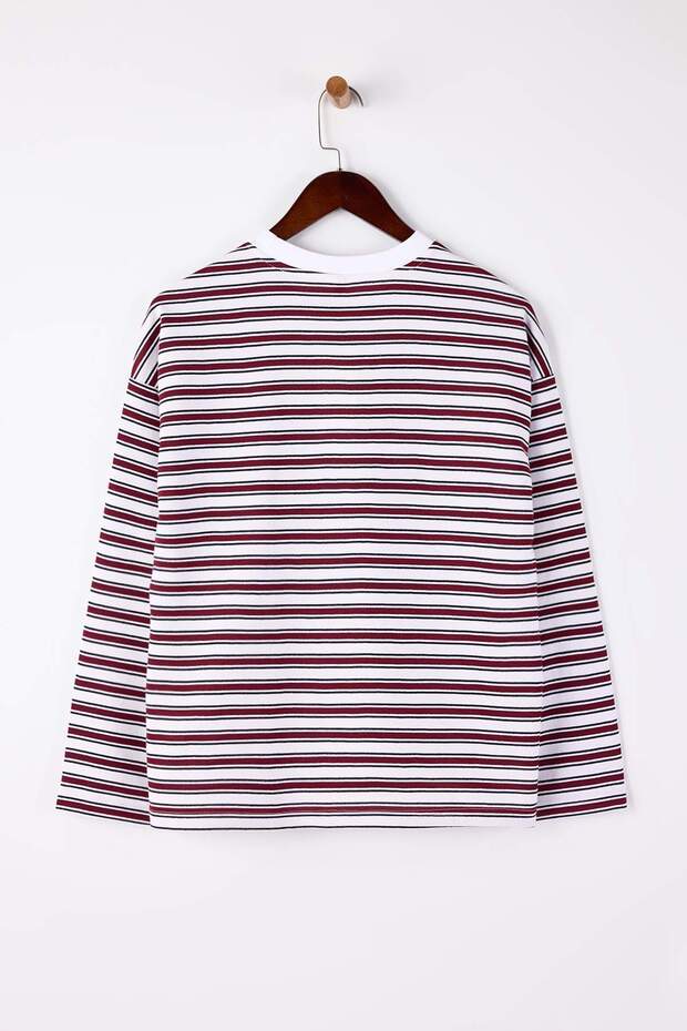 Çok Renkli Çizgili Oversize/Geniş Kesim Bisiklet Yaka İnce Örme Sweatshirt TWOAW23SW00326 - 5