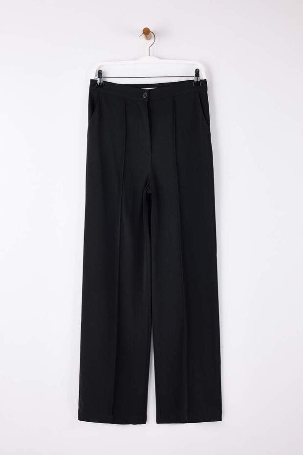 EXCLUSIVE Özel Koleksiyon Dökümlü Siyah Nervürlü Wide Leg/Geniş Paça Pantolon TWOAW26PL00118 - 5