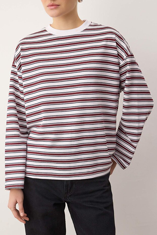Çok Renkli Çizgili Oversize/Geniş Kesim Bisiklet Yaka İnce Örme Sweatshirt TWOAW23SW00326 - 3