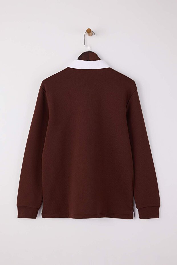 Kahverengi Yeni Oversize/Geniş Kesim Yakası Dokuma Polo Yaka Sweatshirt TMNAW26SW00012 - 7