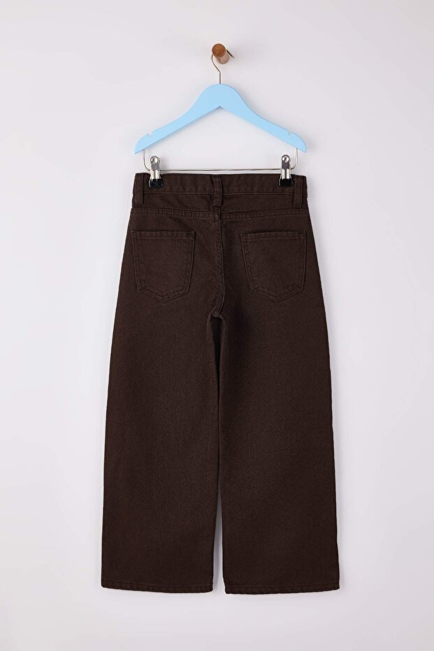 Kahverengi 100% Pamuk Ayarlanabilir Lastikli Düz Kız Çocuk Flare Denim Jeans TKDAW26JE00006 - 7