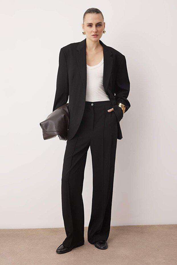 EXCLUSIVE Özel Koleksiyon Dökümlü Siyah Nervürlü Wide Leg/Geniş Paça Pantolon TWOAW26PL00118 - 1