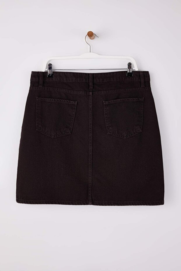 Kahverengi Yüksek Bel %100 Non-Stretch Pamuk A Shape Denim Etek TBBAW23AZ00042 - 5