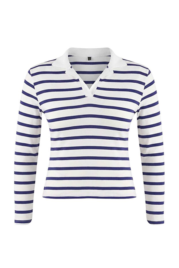 Lacivert Polo Yaka Çizgili Crop Boy Örme Büyük Beden Bluz TBBAW26AF00109 - 5