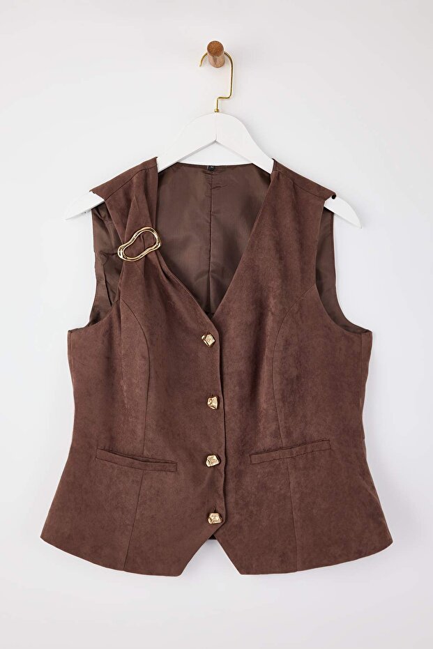 Kahverengi Nubuk/Süet Gold Aksesuarlı Büyük Beden Yelek TBBAW26BH00004 - 4
