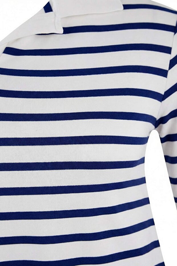 Lacivert Polo Yaka Çizgili Crop Boy Örme Büyük Beden Bluz TBBAW26AF00109 - 6