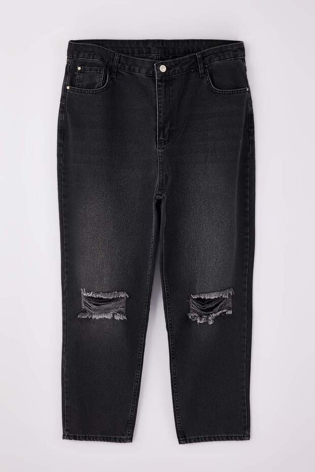 Antrasit Destroy Detaylı Mom Fit %100 Pamuk Denim Büyük Beden Jeans TBBSS23CJ00019 - 5