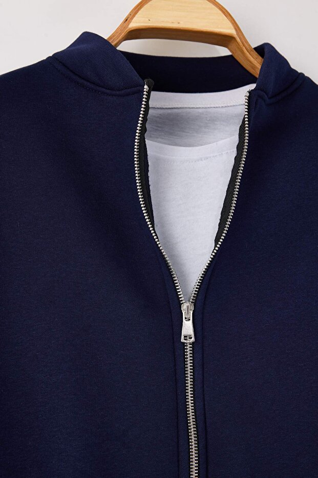 Navy Blue 3-Piece Cotton T-Shirt Sweatpants and Mock Neck Zippered Sweat Sweatpants Set Twoaw26Em00018 - 7