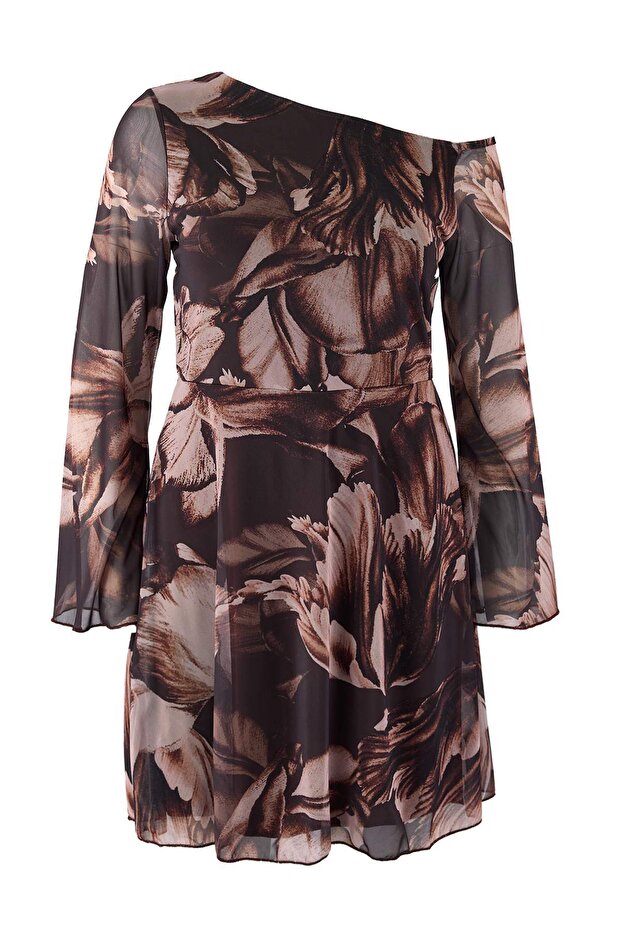 Brown Asymmetric Neckline Patterned Tulle Knitted Plus Size Dress Tbbaw26Ah00067 - 1