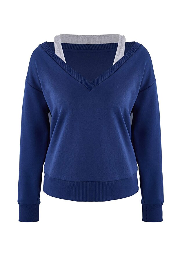 Teen Lacivert 2'li Düşük Omuzlu Örme Sweatshirt TWOAW26SW00149 - 6