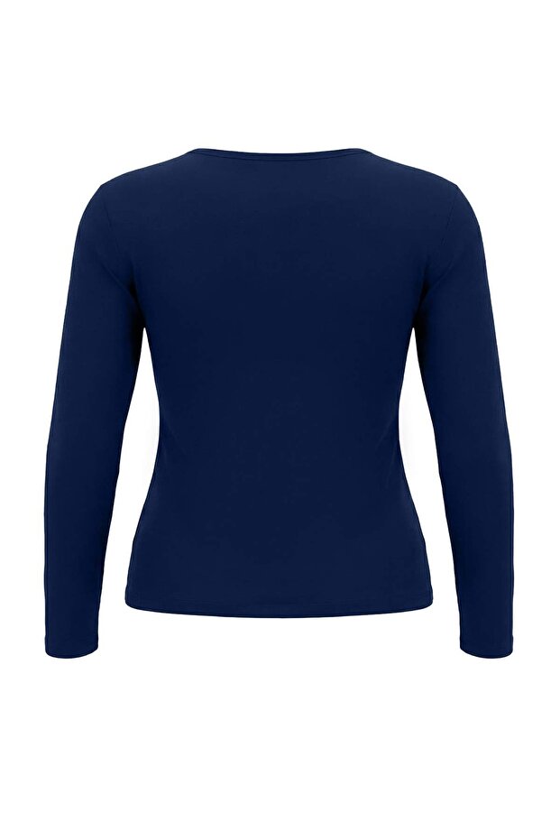 Lacivert Düğme Detaylı Crop/Kısa Ribana Örme Büyük Beden Bluz TBBSS26AF00010 - 7