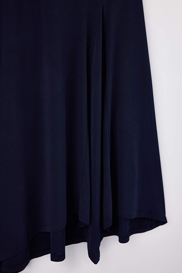 Navy Blue Asymmetric Collar Accessory Detail Knitted Plus Size Dress Tbbss26Ah00083 - 2