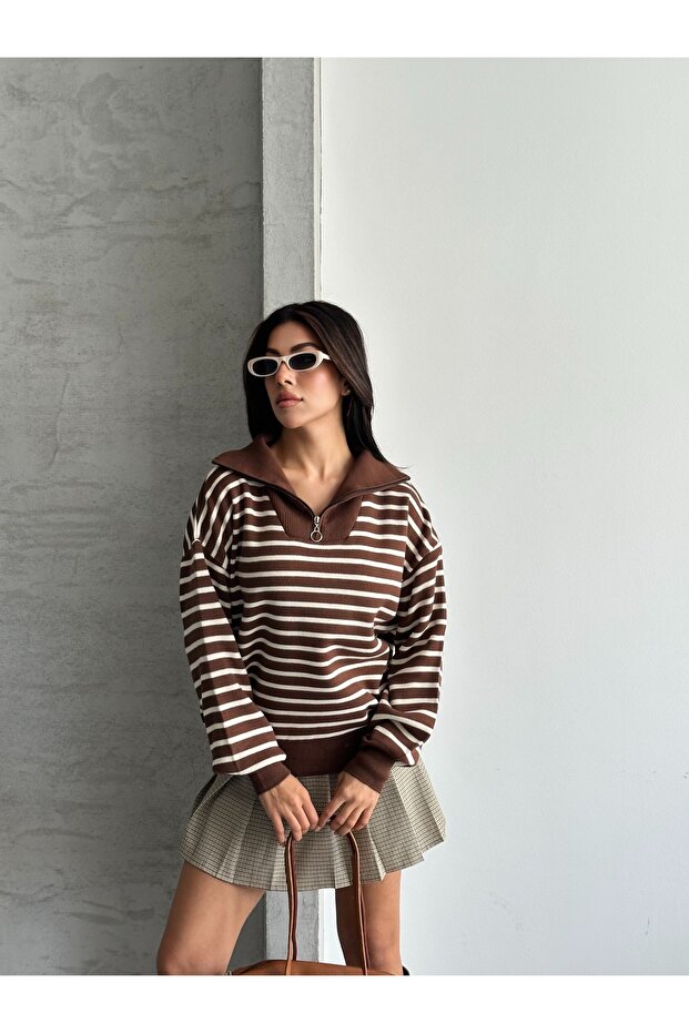 Turtleneck Zippered Striped Sweater
