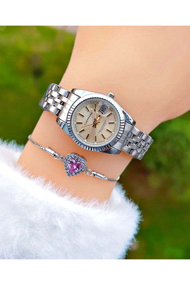 Silver Color Minimal Case Calendar Women Wrist Watch