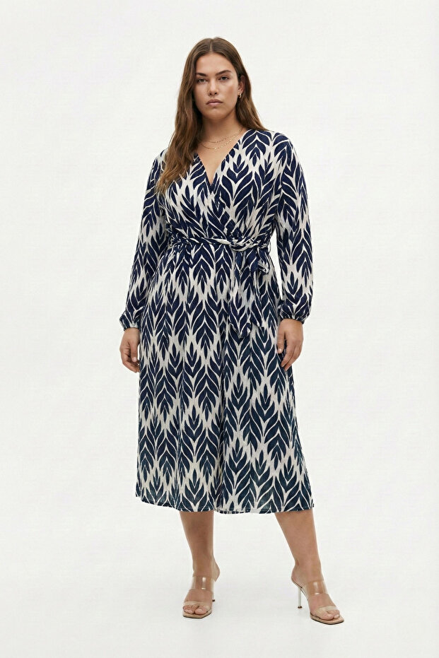 Wrapped Fabric Patterned Waist-Tied Dress