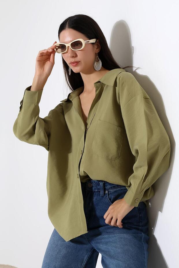 Tek Cep Modal Oversize Kadın Gömlek - 5