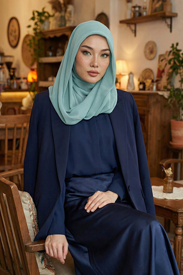 وشاح شيفون عملي من القطن الممشط مع دعامات داخلية، أخضر كاجلا - نعناع داكن، PS-45